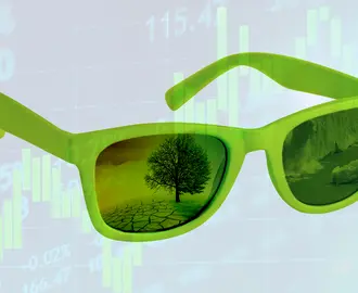 Green sunglasses with images of an iceberg melting and warming earth with a stock ticker in the background