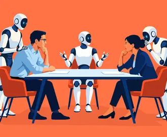 Two people sit across from each other at a negotiation table with robots present