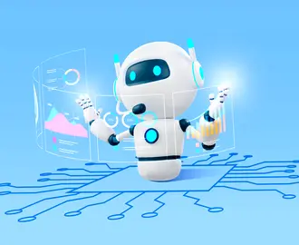 A robot manipulates digital displays of marketing analysis