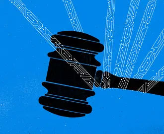 A gavel with lines made of AI network imagery coming out of it