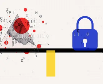 A seesaw with data on one side and a security lock on the other