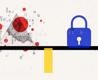 A seesaw with data on one side and a security lock on the other