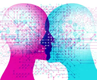  female and male side silhouette positioned back to back overlaid with various semi-transparent computer electronic circuit line and shapes representing a human link to Artificial Computer Intelligence.