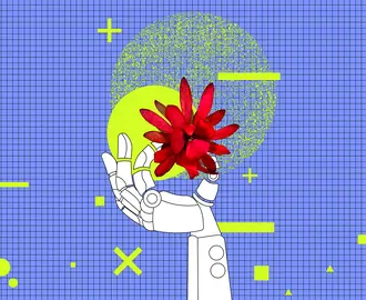 A robot hand holds a flower