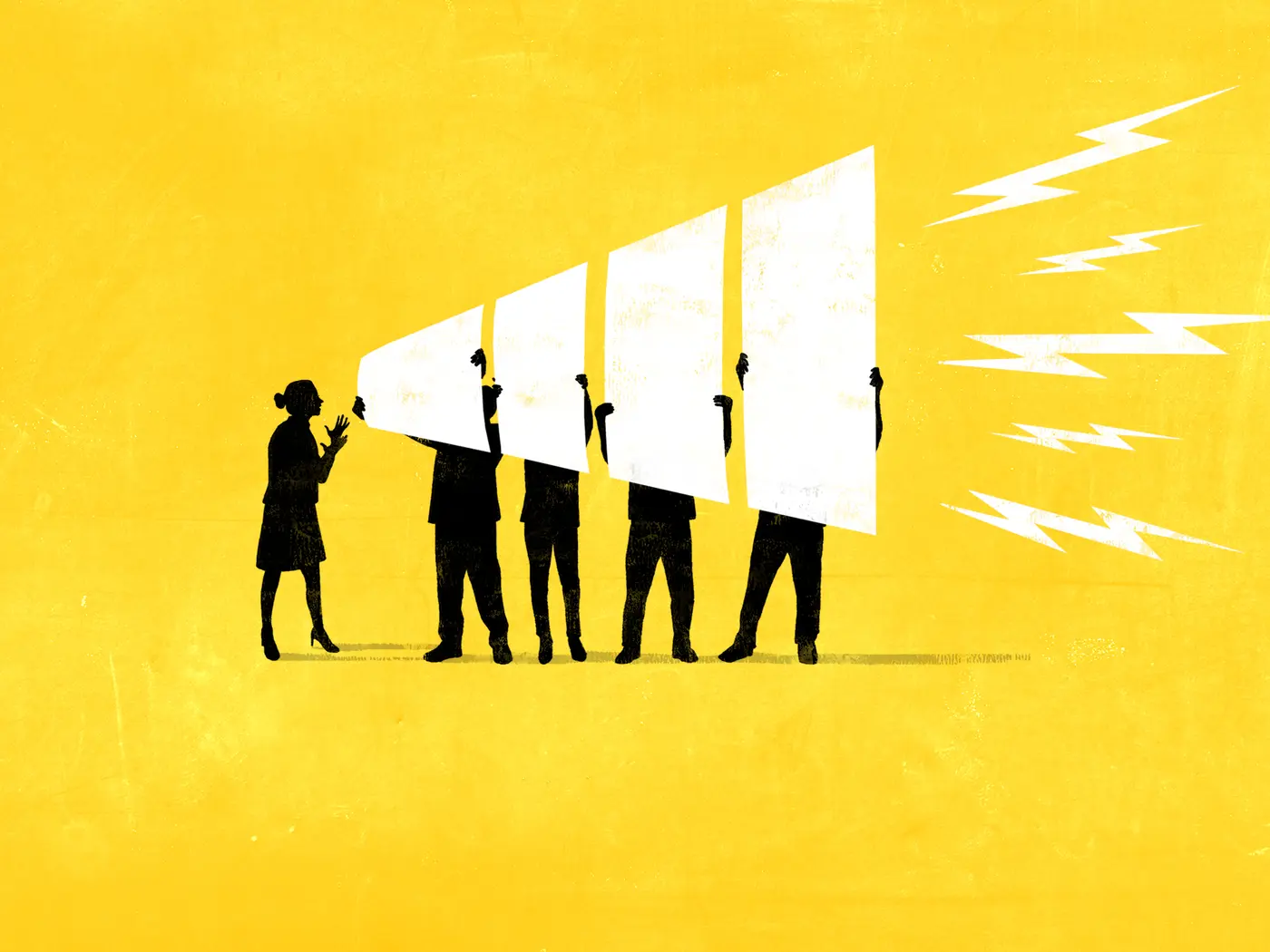 four workers hoisting a giant megaphone 