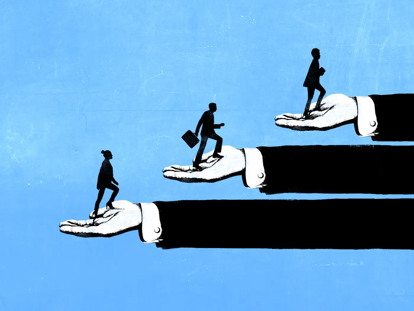 graphic of three extended hands helping people step up