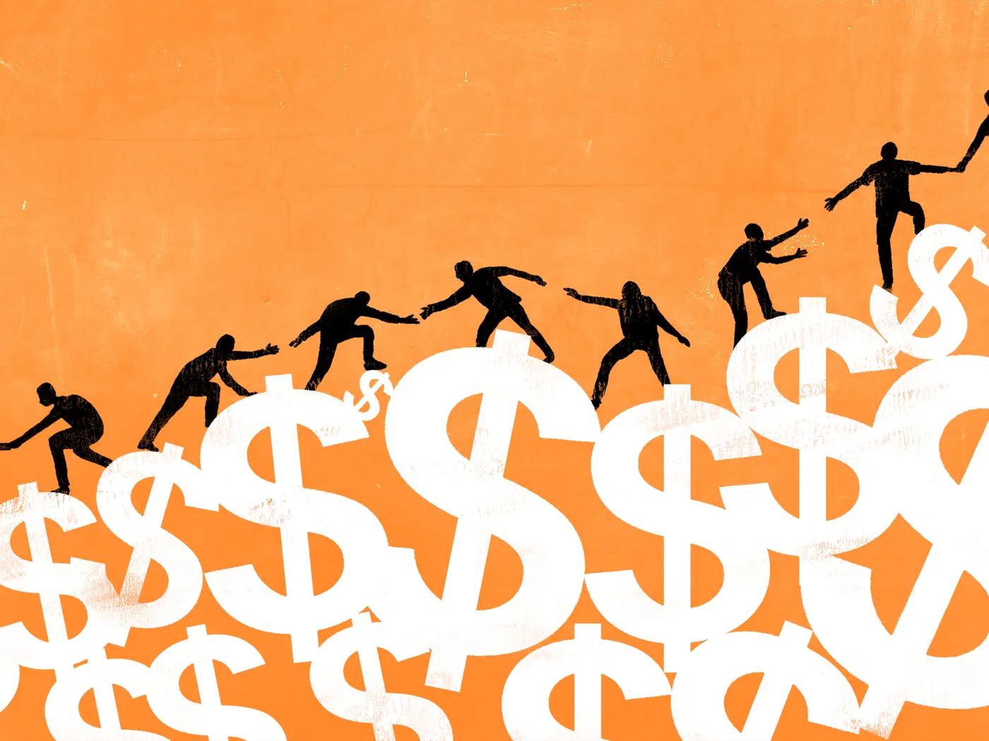people in silhouette helping one another climb up a mountain of dollar bill signs