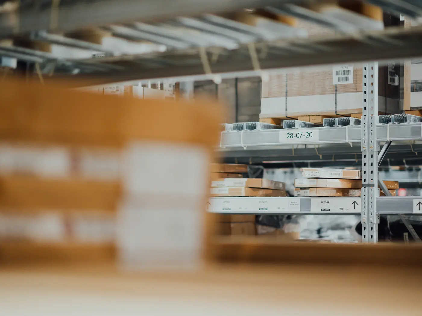 Boxes on shelves in warehouse 