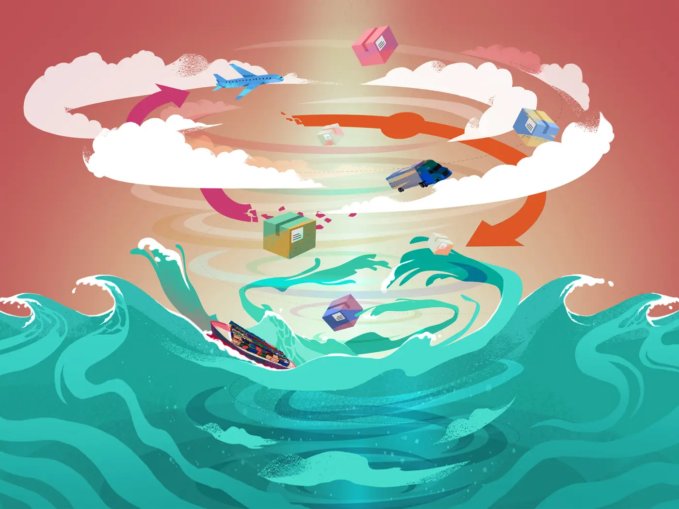 waterspout with vehicles embedded, representing effects of climate change on the supply chain