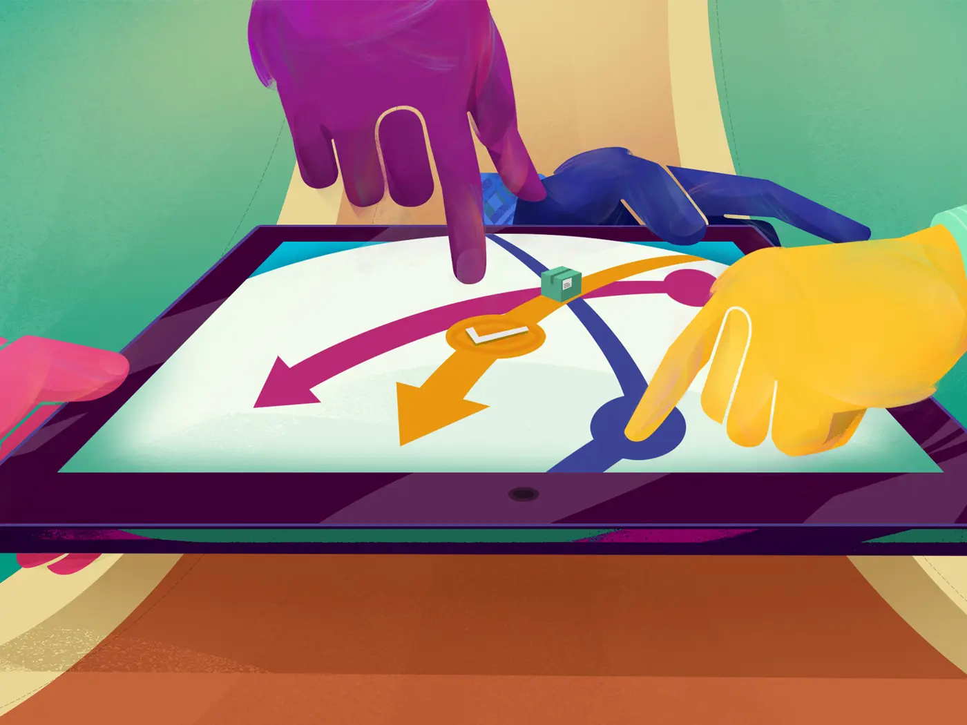 Three hands pointing at three arrows on a tablet, representing supply chain management