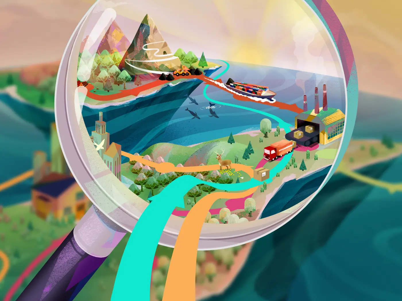 magnifying glass looking over a landscape of boats, trains, and trucks, symbolizing supply chain transparency