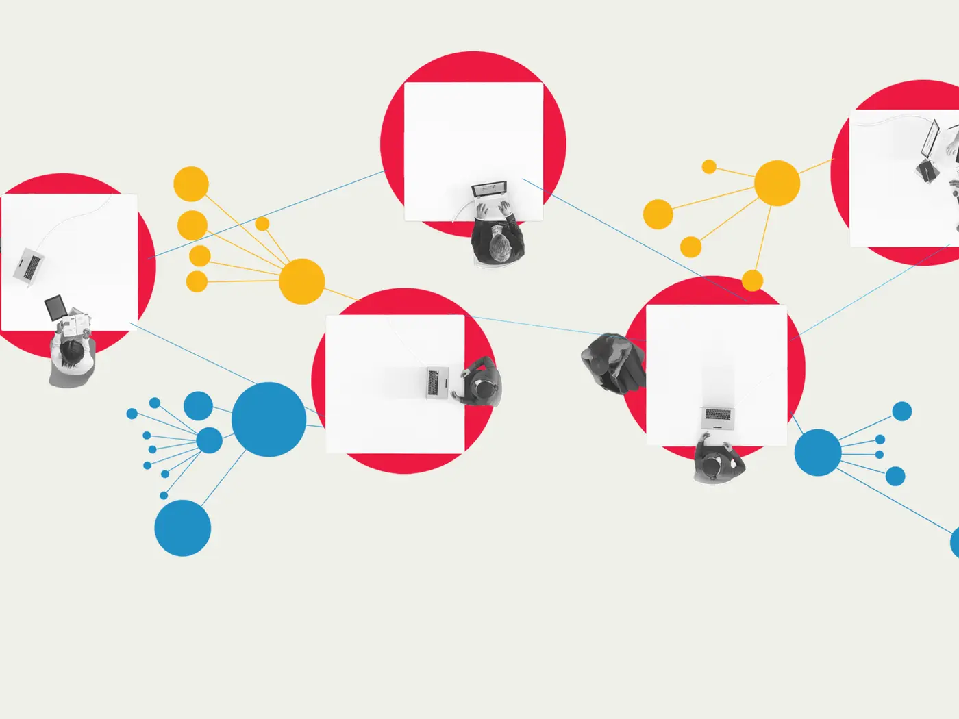 Illustration of people working at round desks that connect like data points