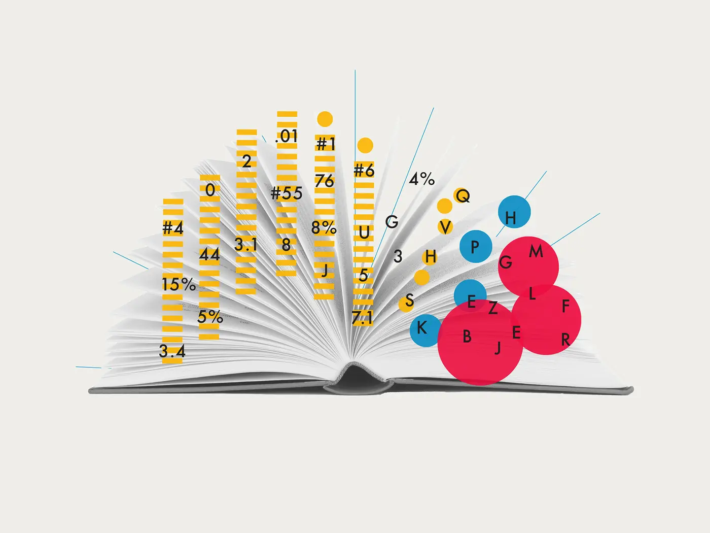Book pages with various colored bubbled meant to symbolize data storytelling