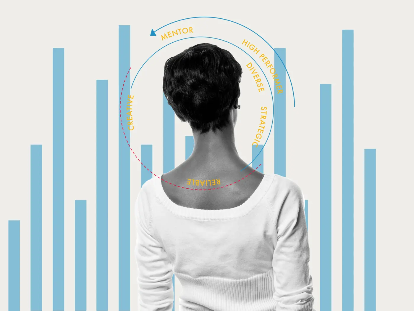 Woman viewed from behind with a pie chart and bar graph superimposed, meant to represent people analytics