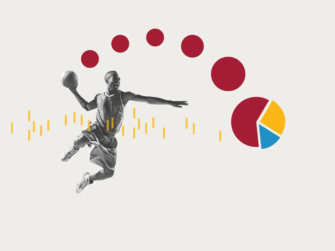 a basketball player dunks a ball that turns into a series of pie charts to represent sports analytics