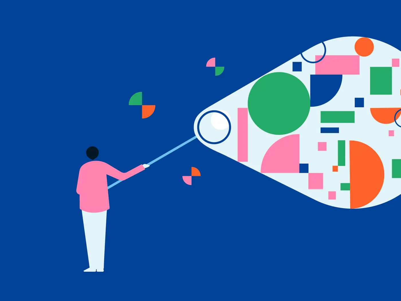 Illustration of a person catching data shapes in a net