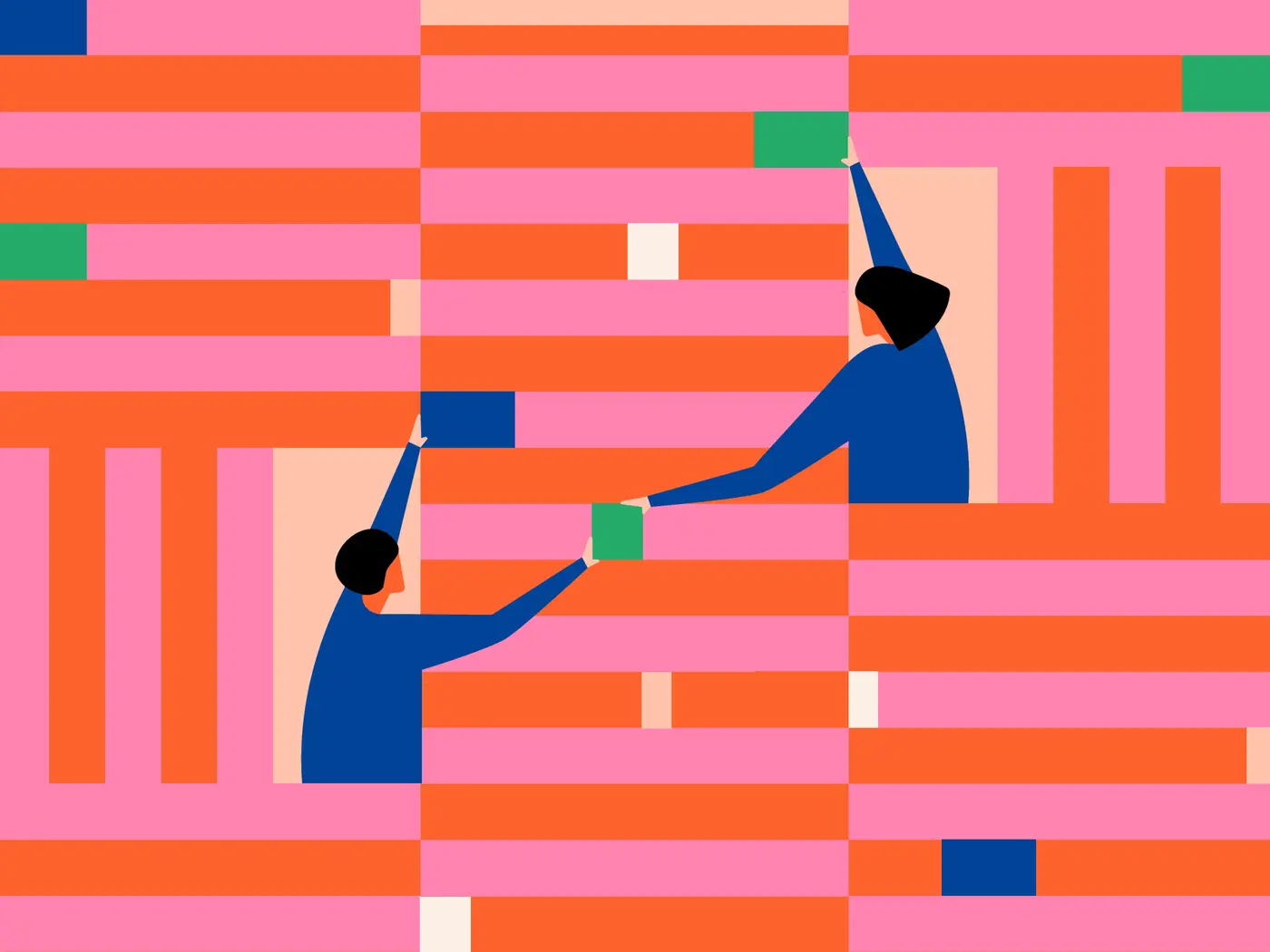 An illustration where one person is handing another person data blocks to build an entire data wall