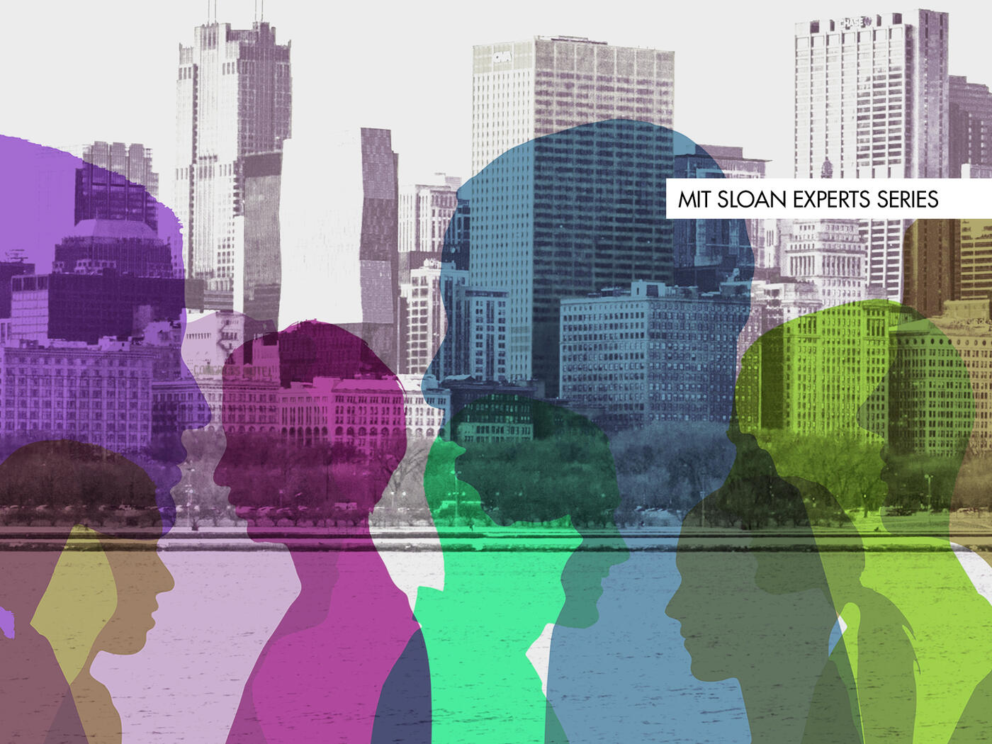 A collage of silhouettes of people over a city skyline