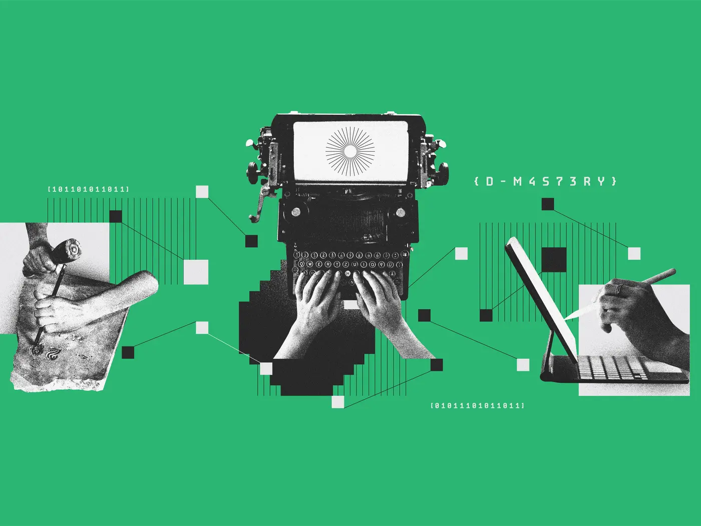 Illustration of a person chiseling numbers on a stone, using a typewriter, and using an computer