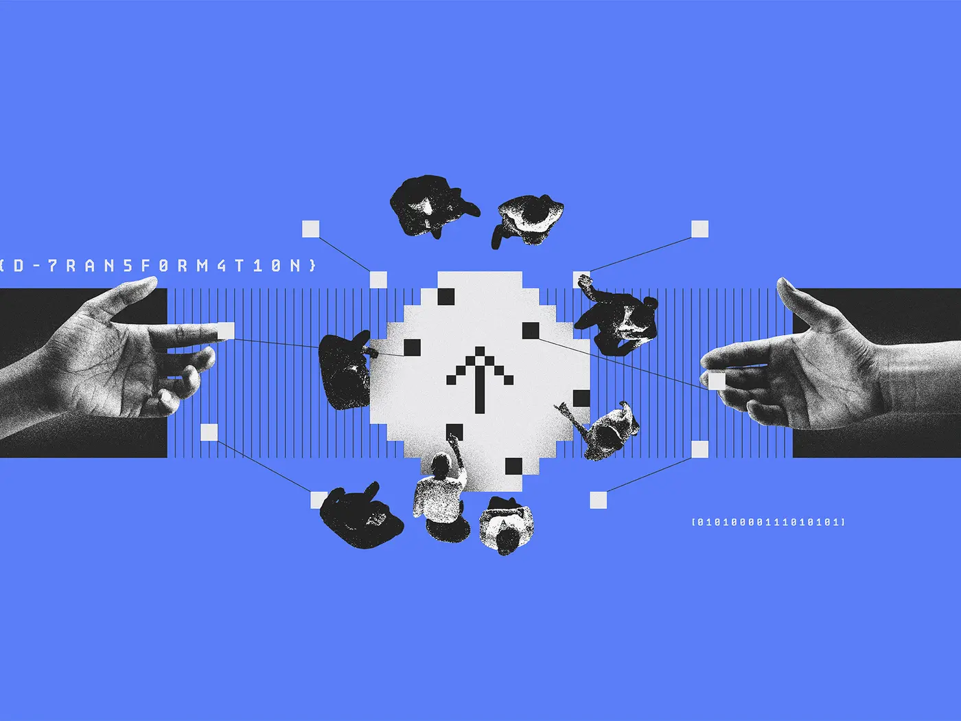 Illustration of employees around a digital table and hands reaching out to give support