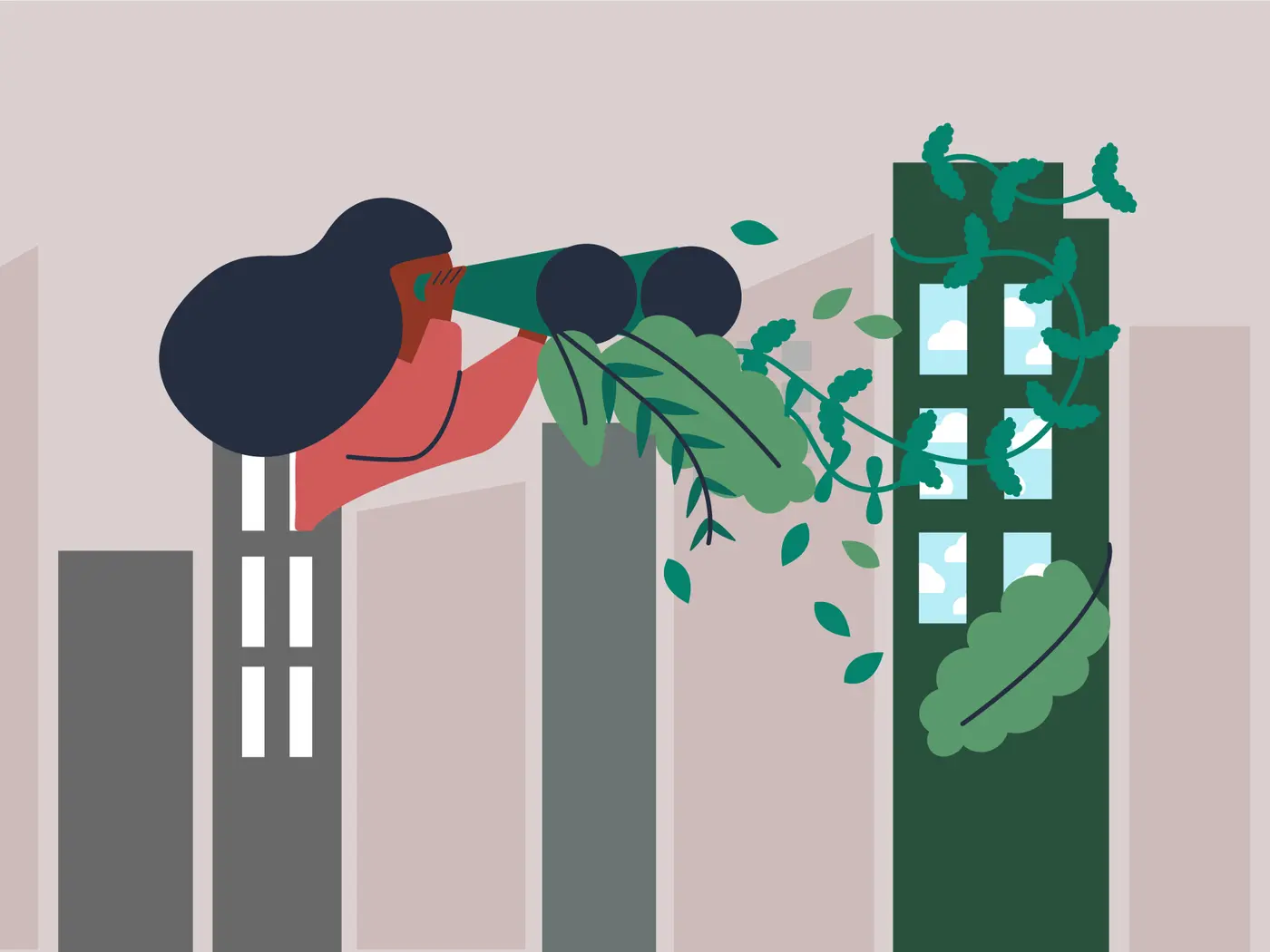 Illustration of a business woman looking through binoculars that have green foliage coming out of them and seeing a green building