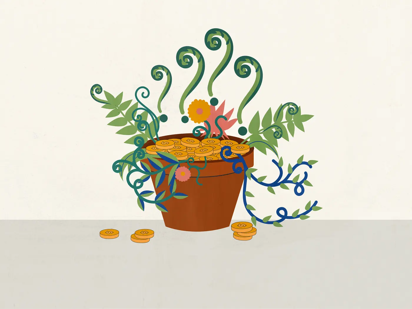 Greenery and florals sprouting from a flower pot holding gold coins