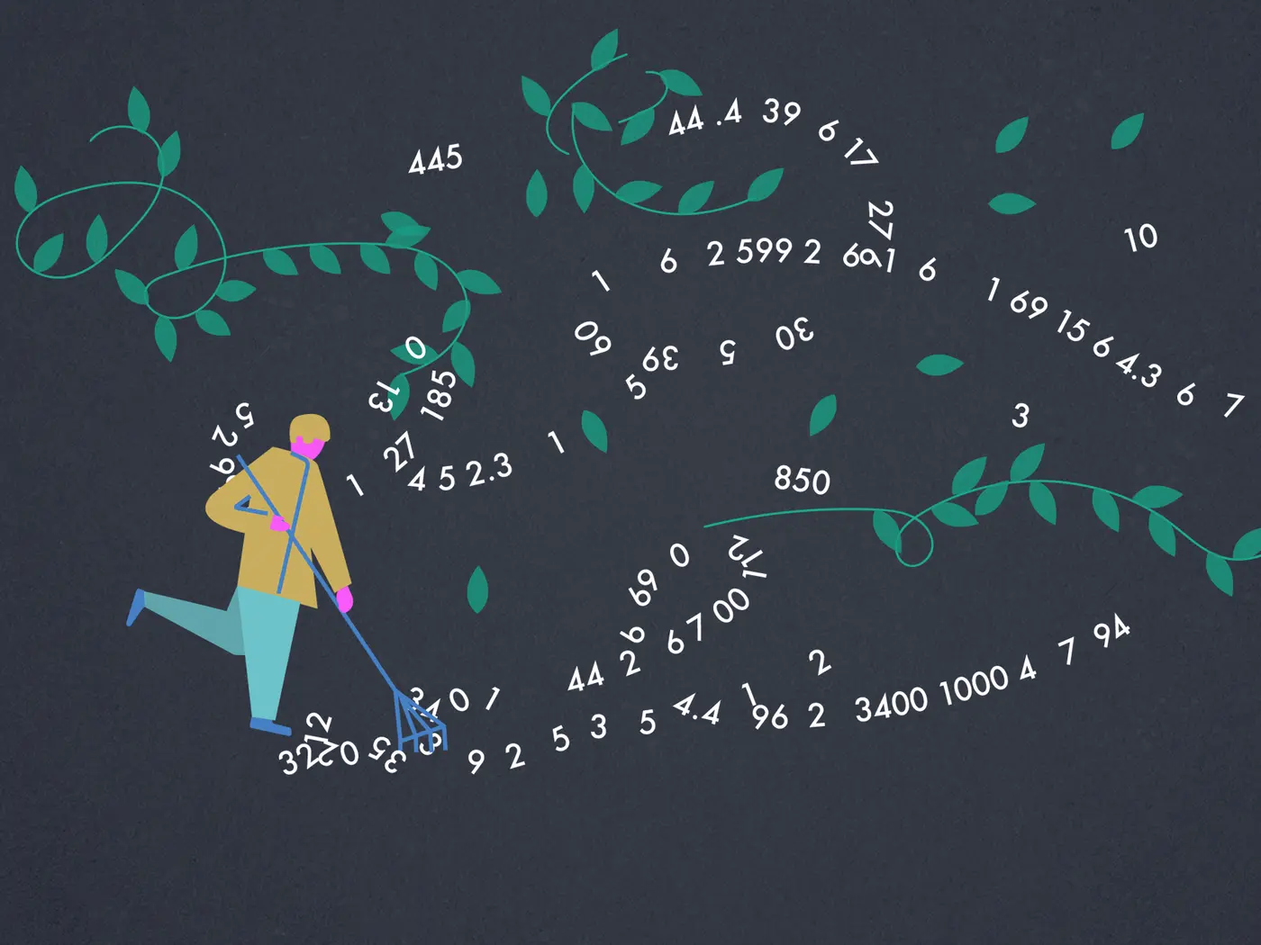 An illustration of a person raking in data and leaves flying everywhere