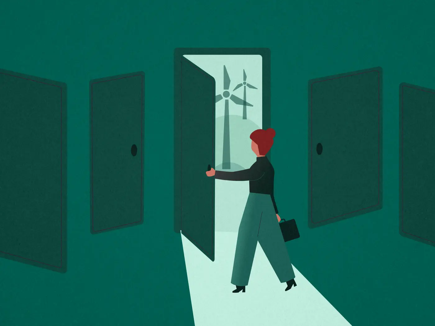 An illustration of a business person opening a door where wind turbines are seen in the distance