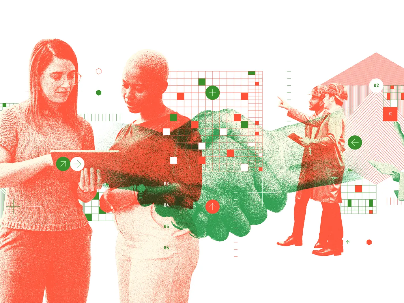 A handshake juxtaposed with images of employees collaborating and working