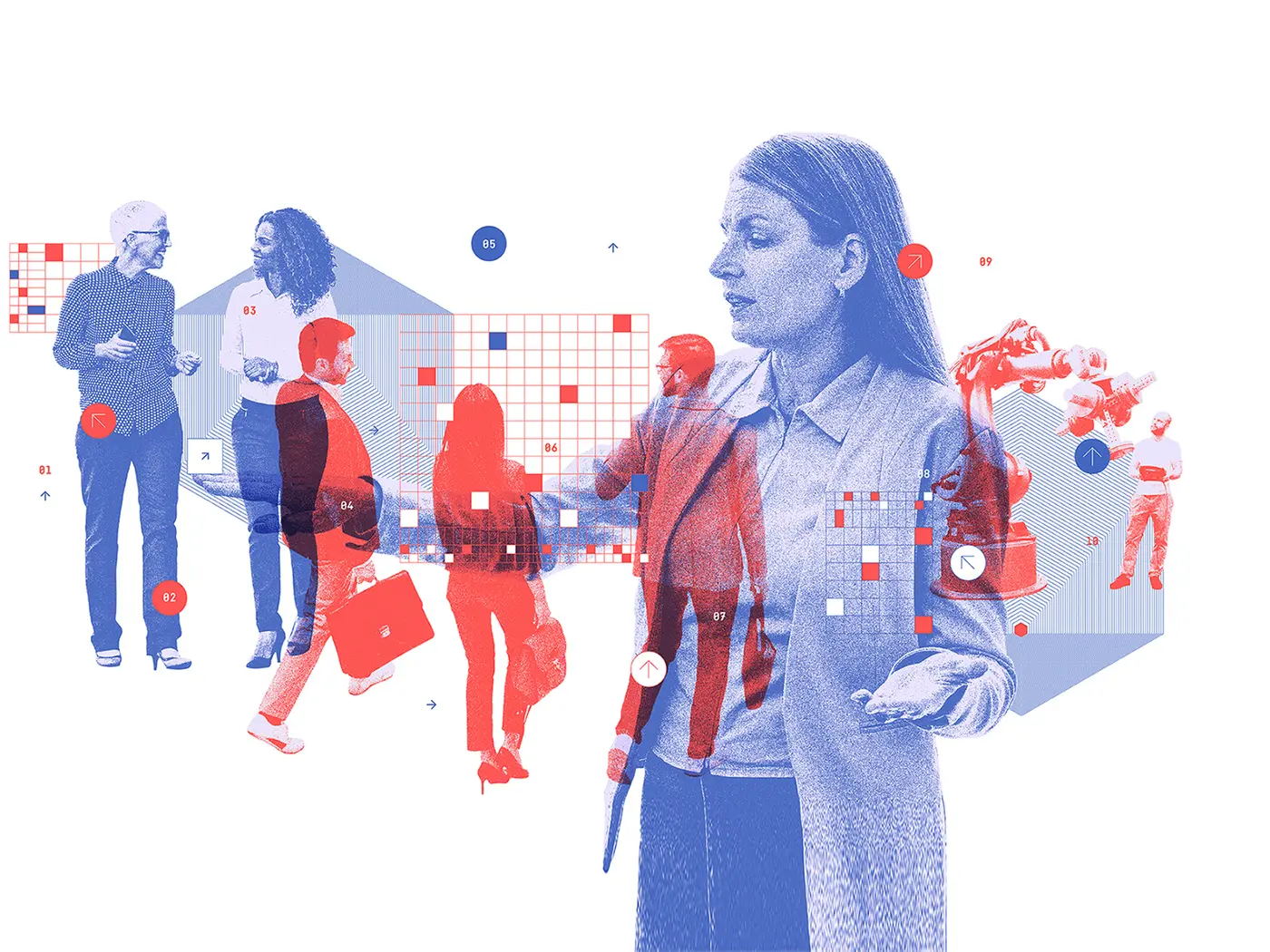 Various groups of employees with one main leader directing