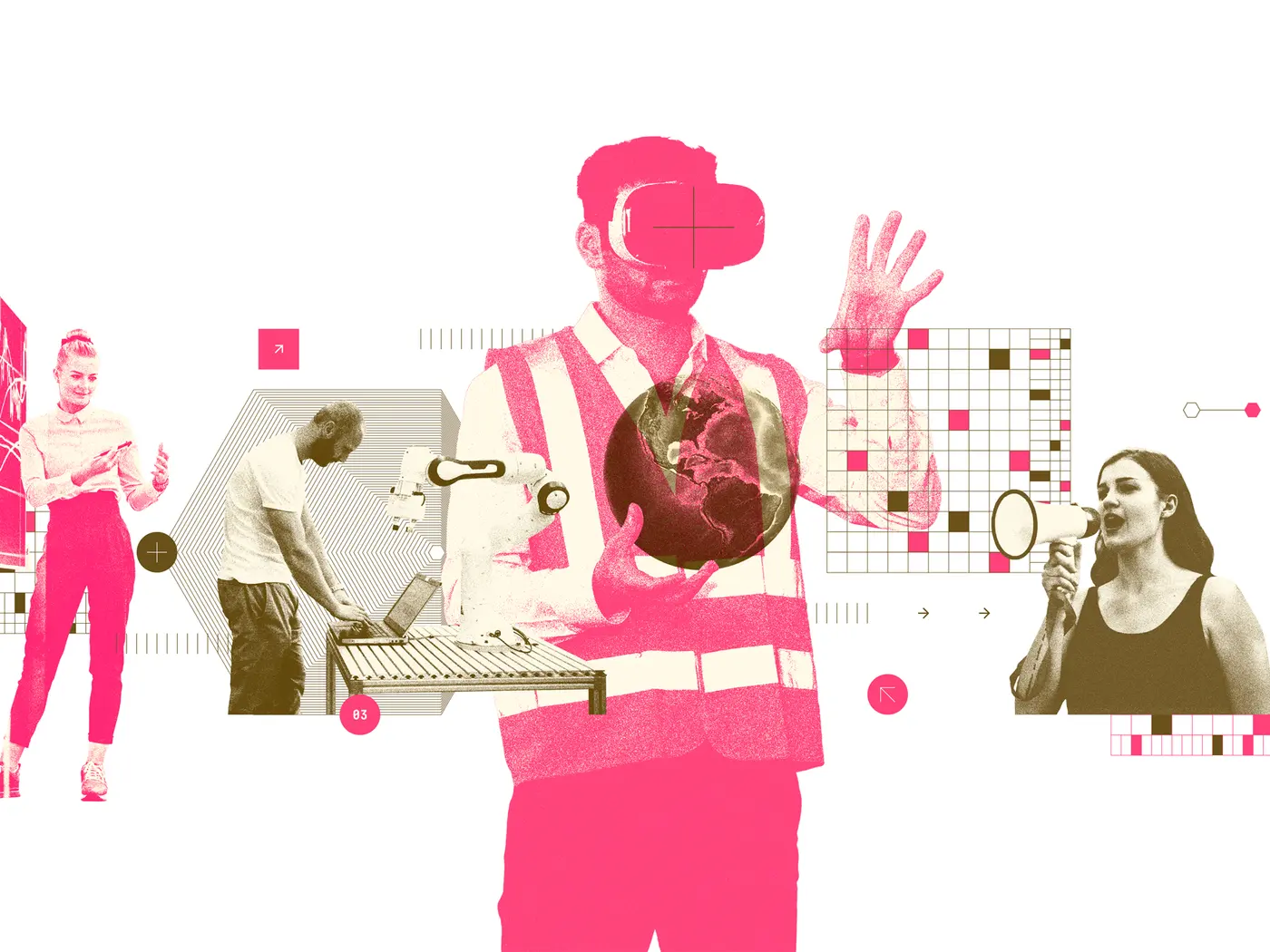 A collage of employees - some are manipulating technology, one is holding a globe while wearing VR glasses, and one is holding a megaphone.