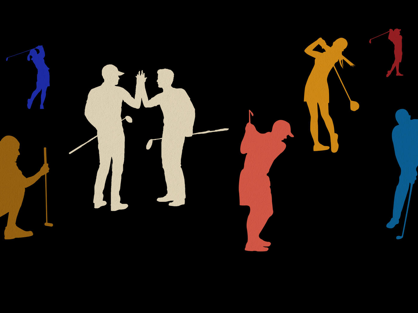 Various people represented in different colors playing golf