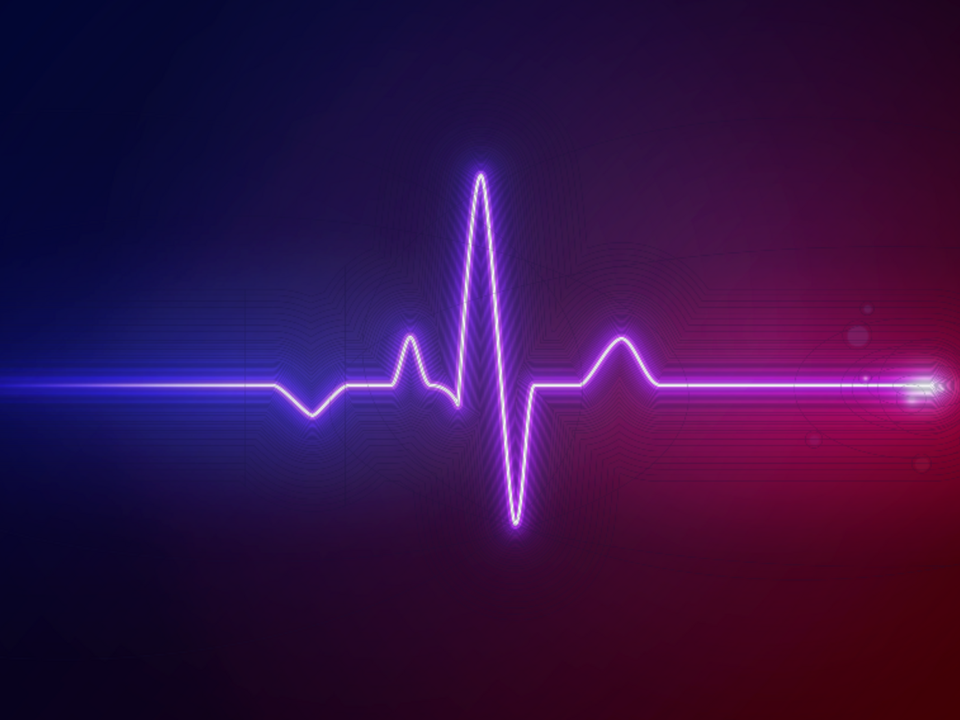 Stylized blue, purple, and red ECG reading on black background
