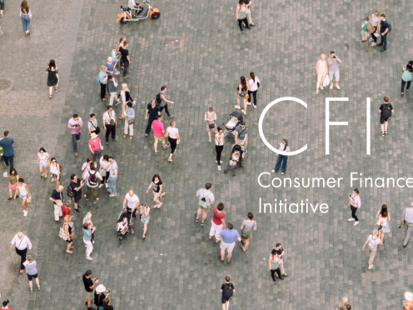 Birdseye view of a crowd of people with Consumer Finance Initiative logo over it