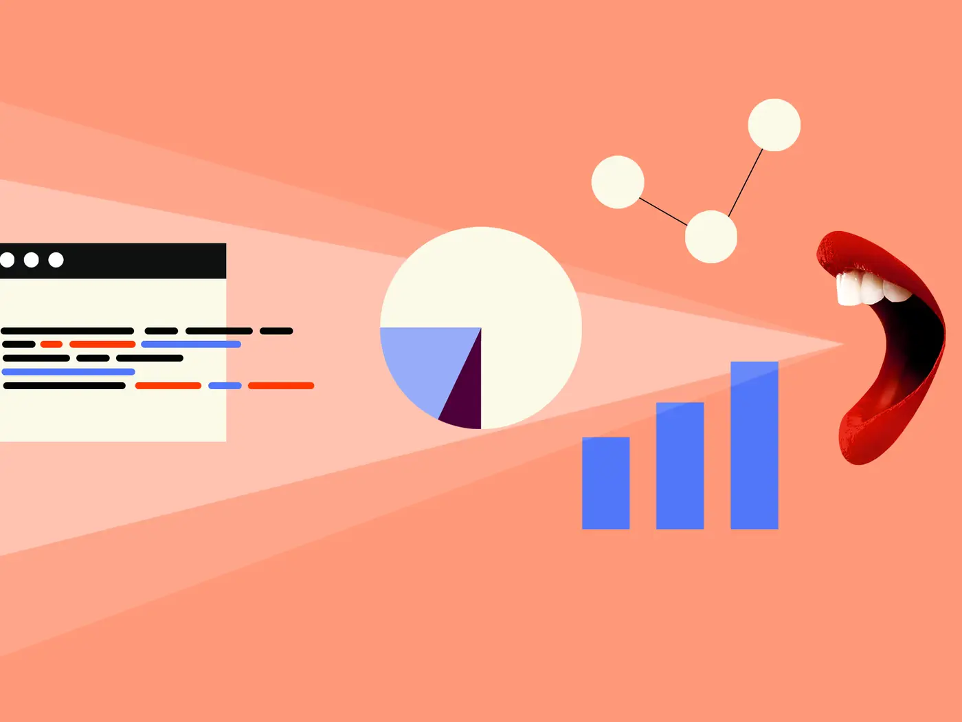 An illustration of a mouth, code, and various charts