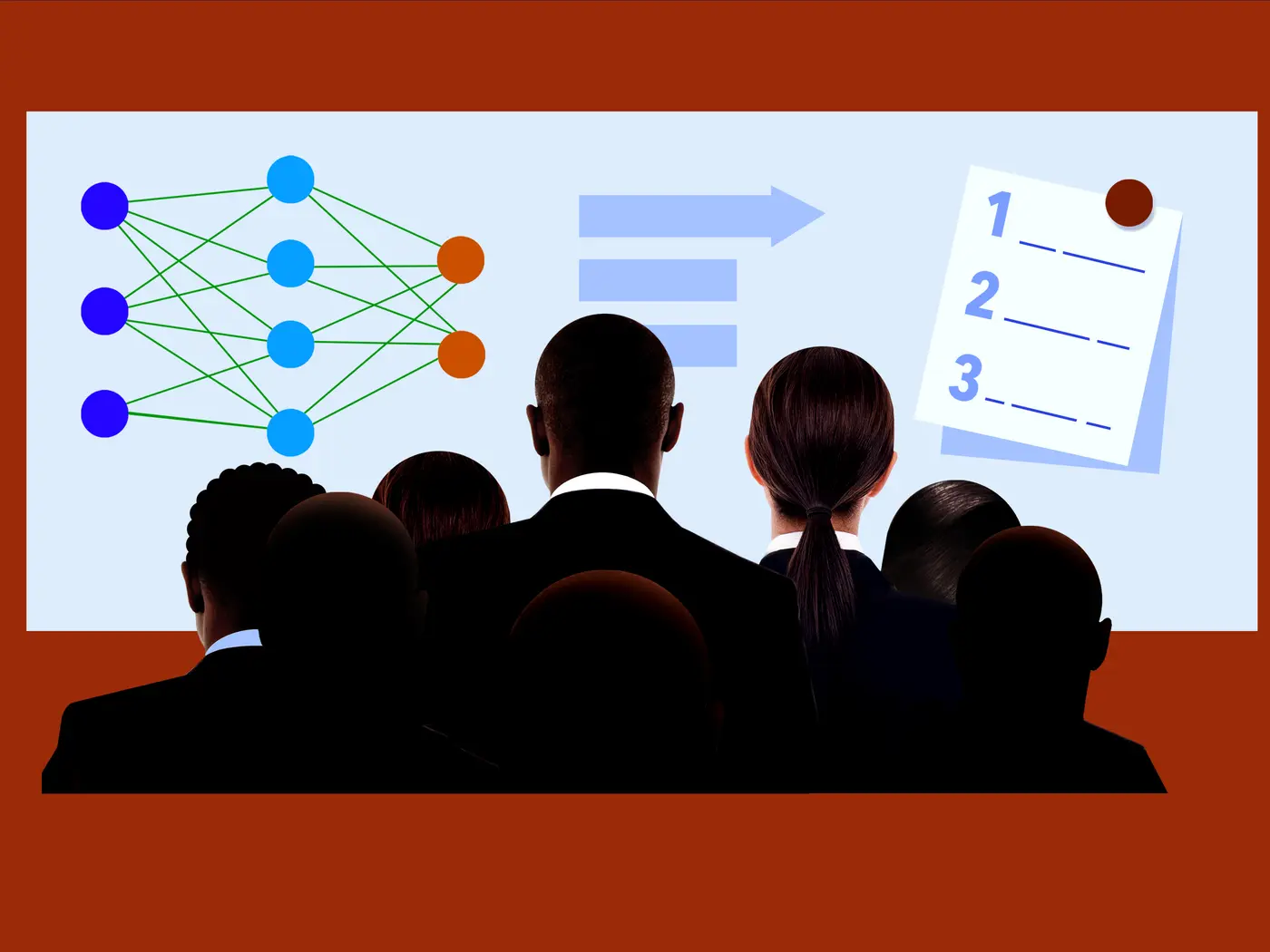 A group of business people looking at a whiteboard of data graphics and a numbered list