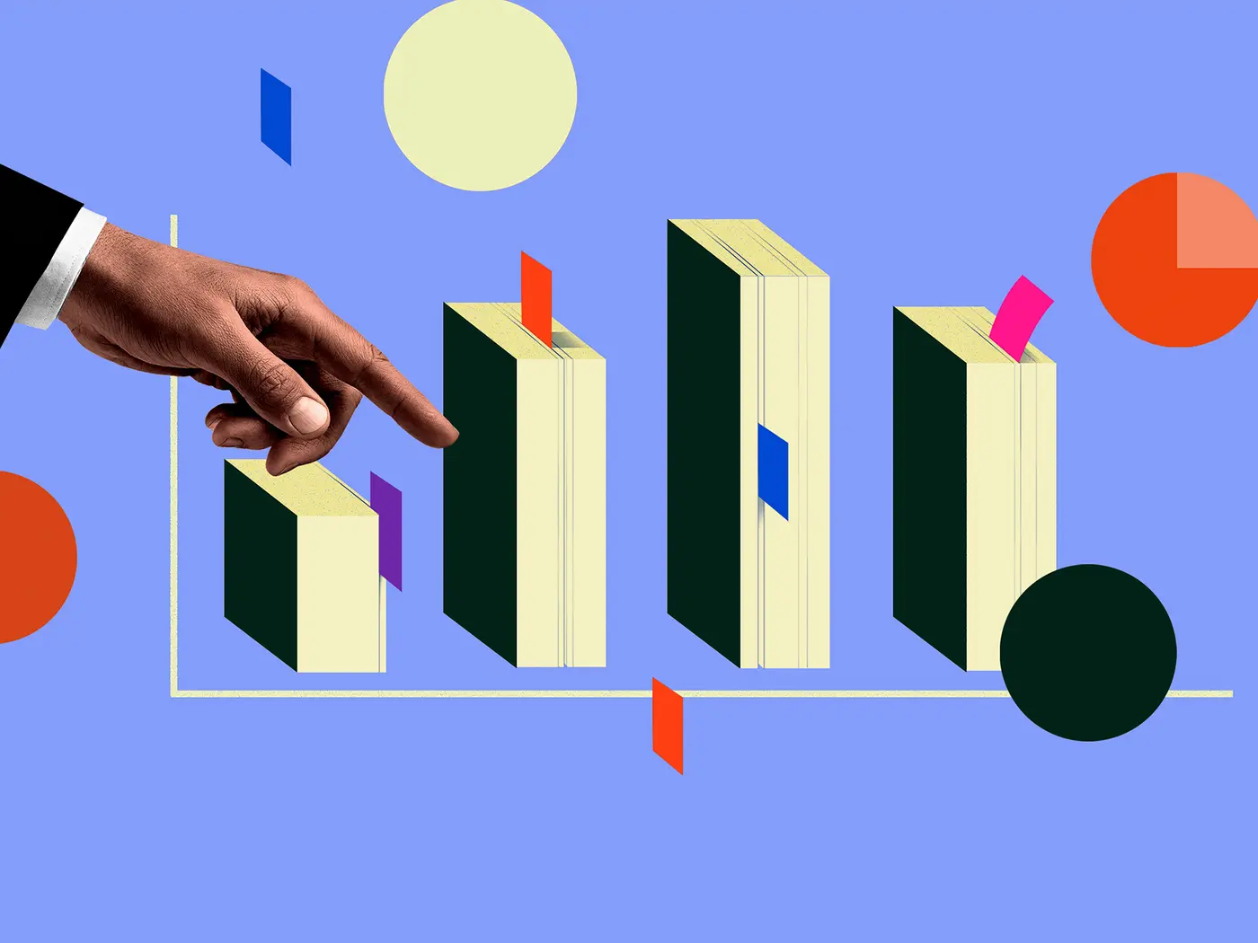 A hand points at a bar chart where the bars are actually books