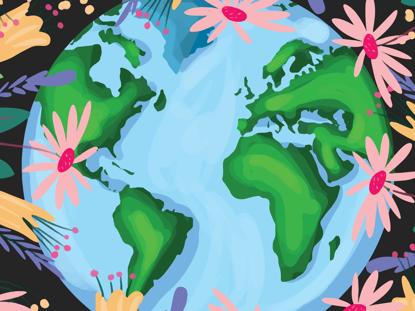A graphic of a globe surrounded by flowers.