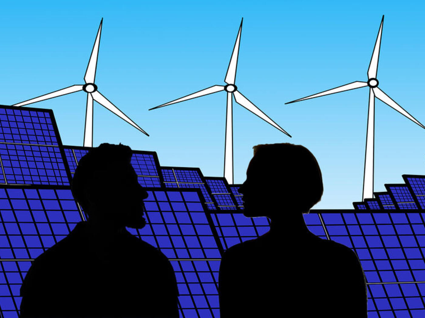 illustration of wind farm, solar panels, and humans in dark profile.