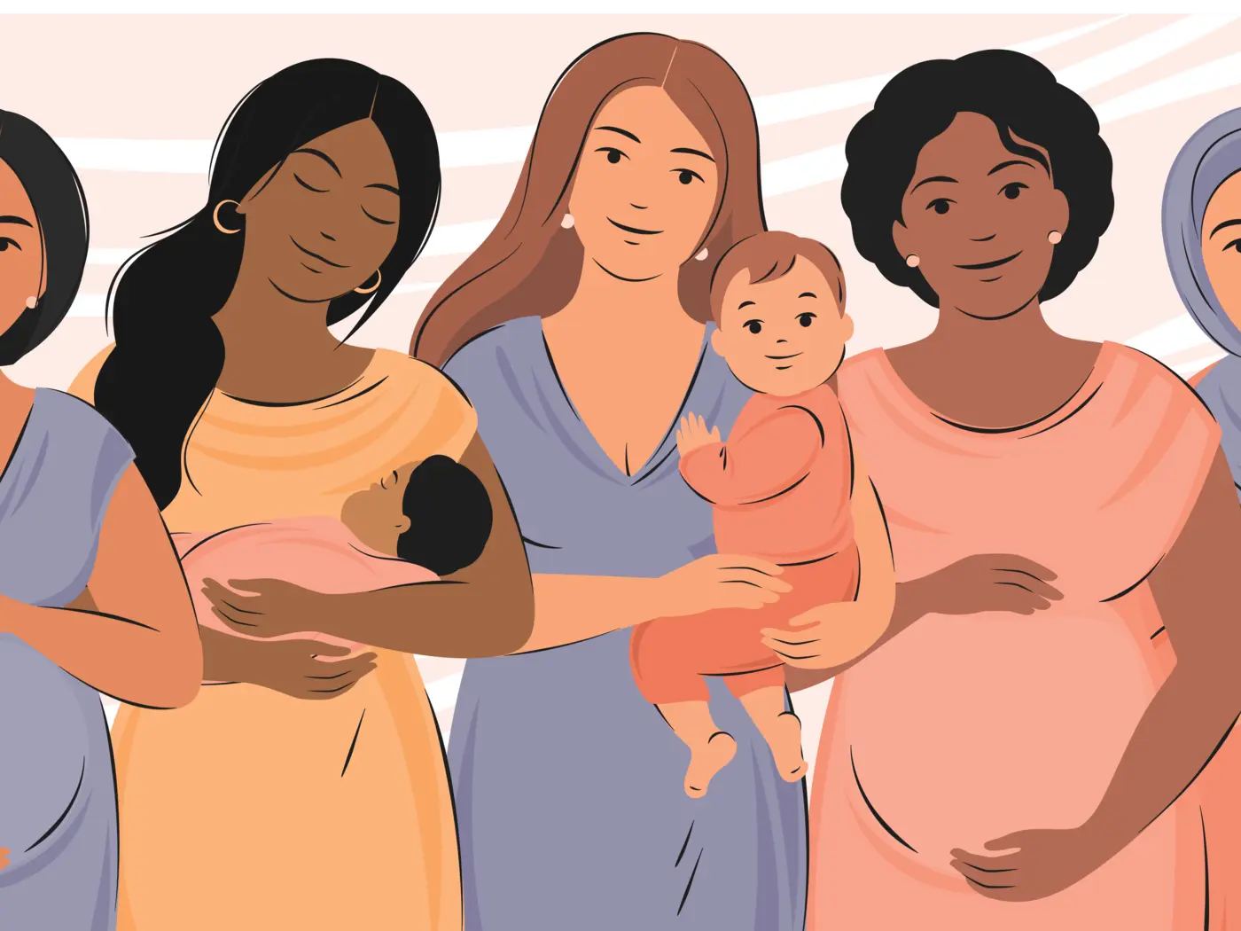 Five women, two of them pregnant and three of them holding babies.