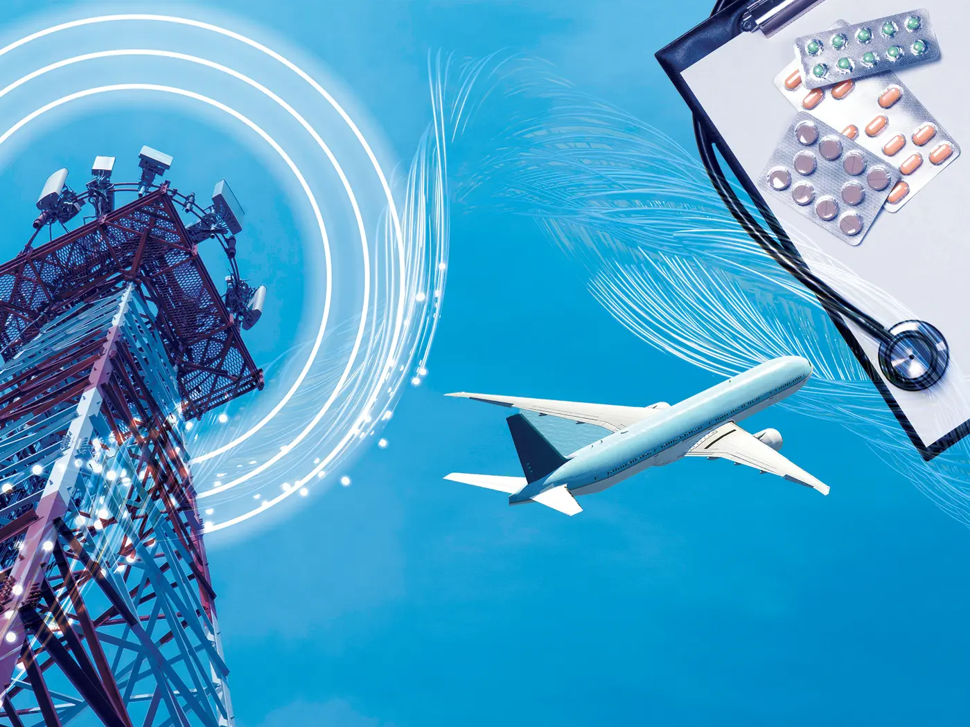 A collage of a telecommunications tower, an airplane, and a clipboard with stethescope and pills