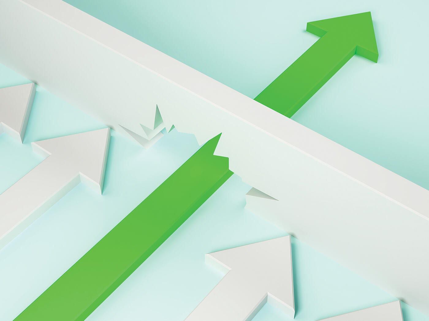 An arrow breaks through a wall while other arrows stay behind