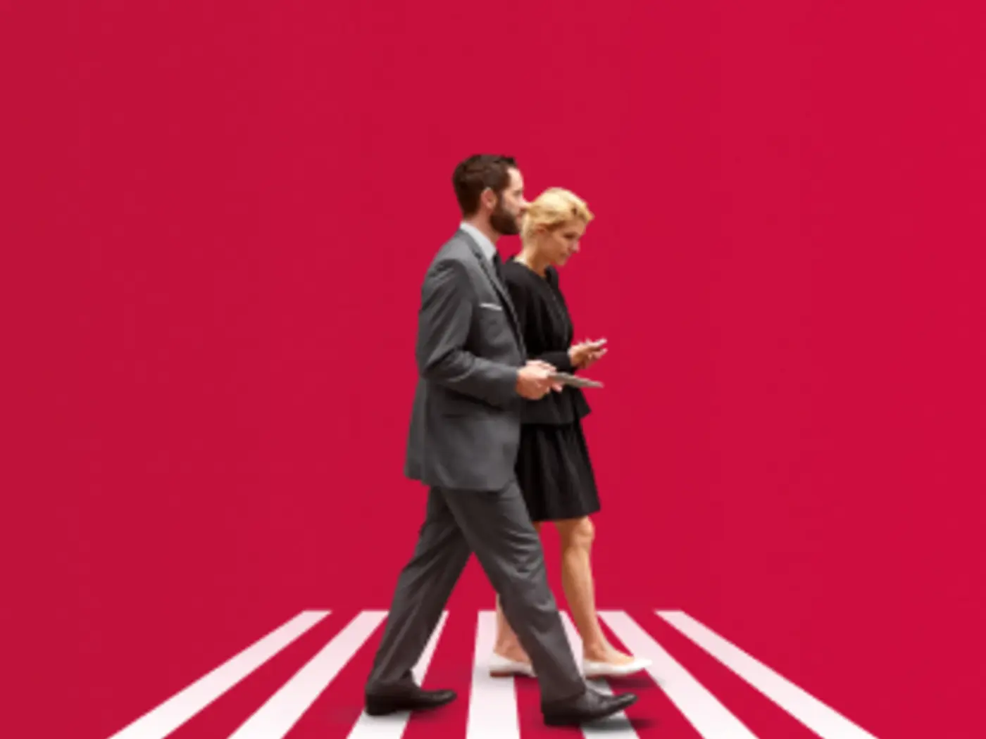 Graphic of two people in business attire walk across the screen on a red background with white stripes
