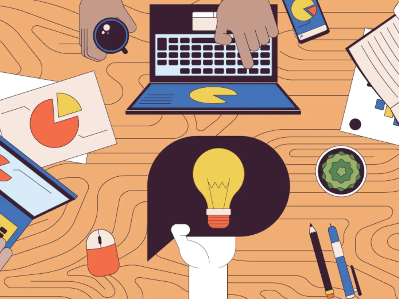 Illustration of tabletop with computers, papers, and hands