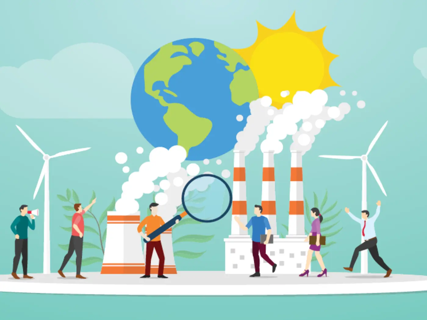 Illustration of earth, sun, clean energy, and pollution