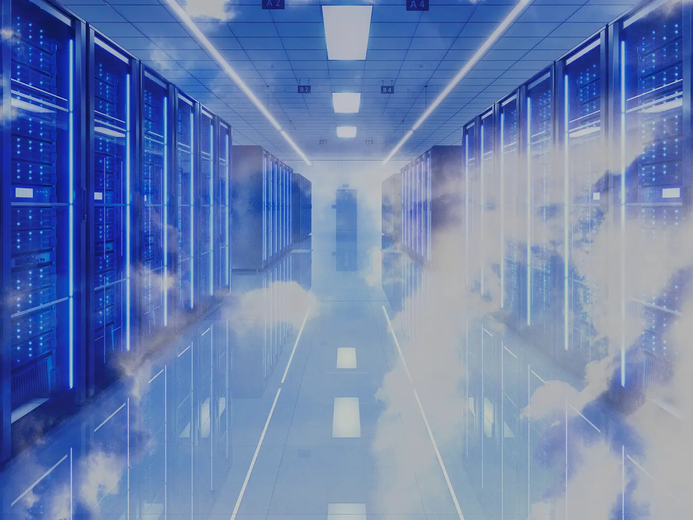 Clouds/carbon emission floating through a data center