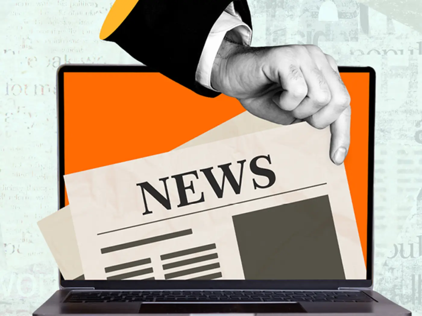 Illustration of newspaper front page being plucked out of laptop screen