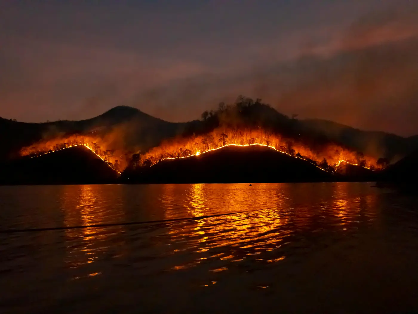 Wildfire burns at night near a body of water