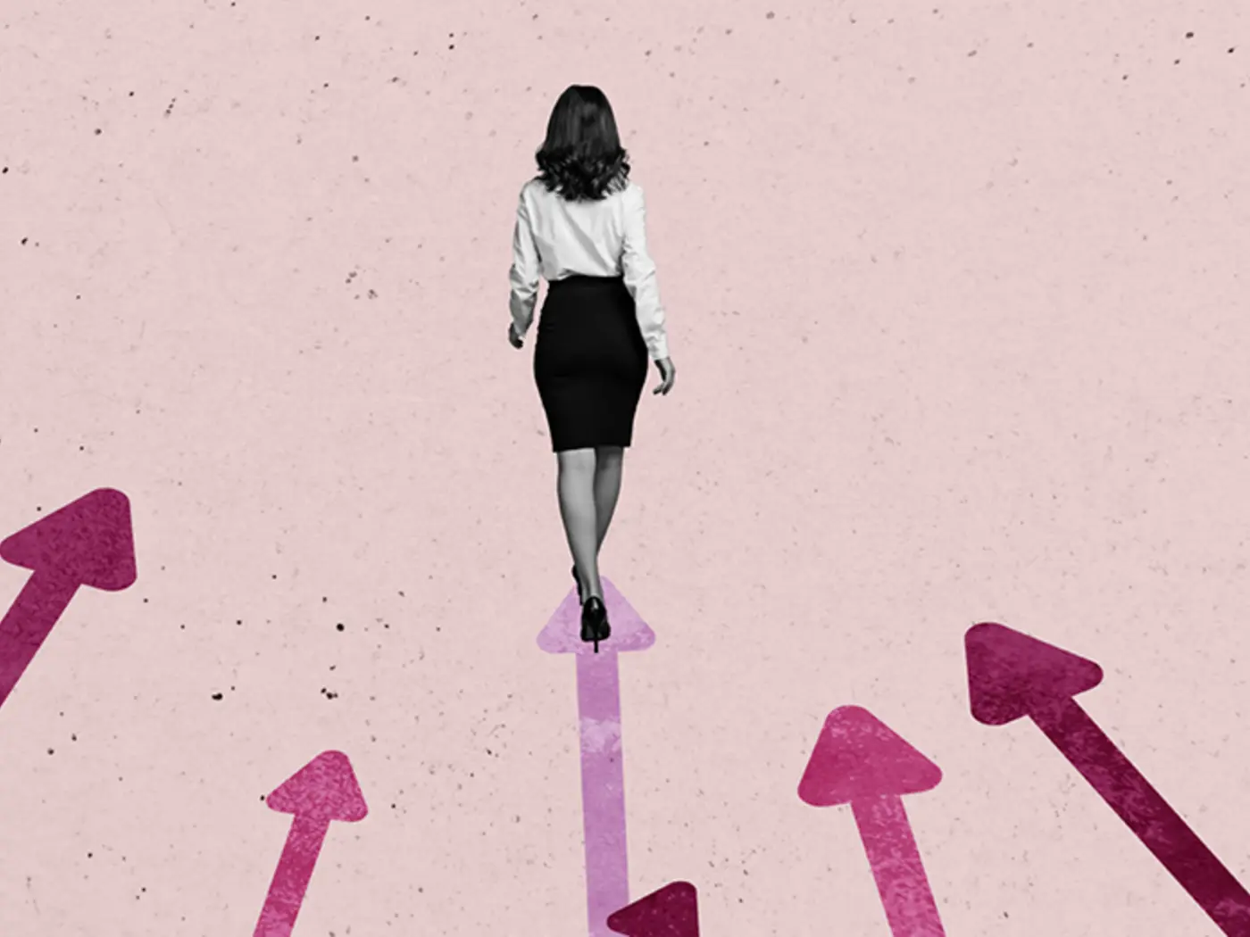 Illustration of woman walking along path surrounded by choices