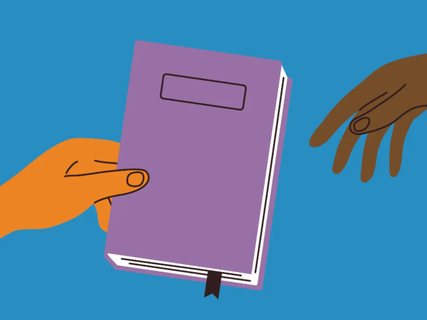 Illustration of one person handing a book to another person.